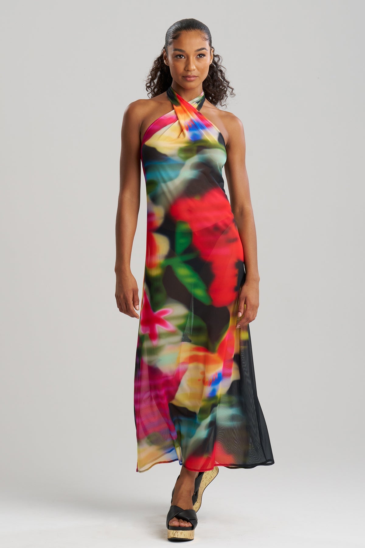 Natori Floral Mirage Printed Mesh Halter Dress Natori Floral Mirage Printed Mesh Halter Dress