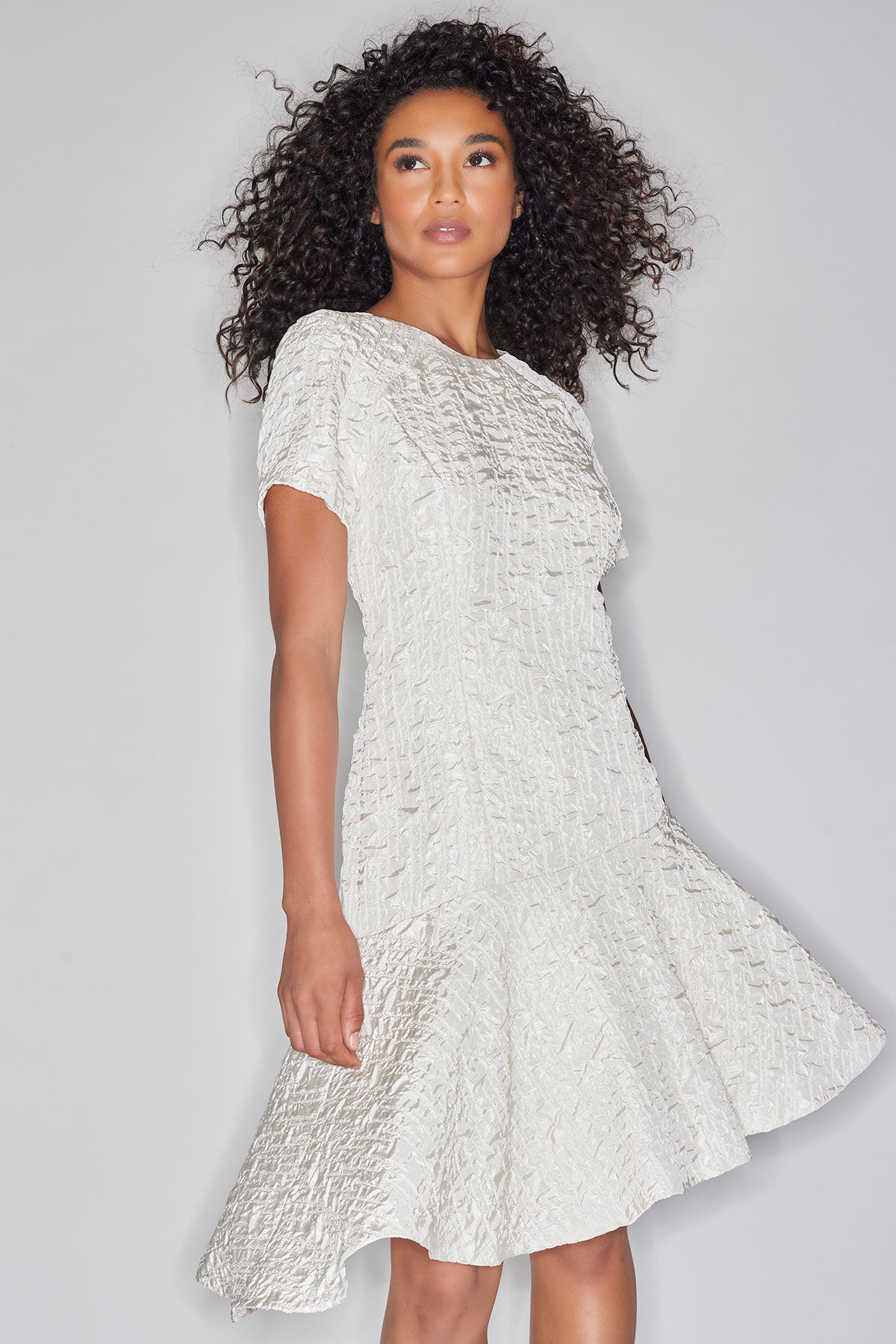 Pebbled Jacquard Short Sleeve Flounce Dress Pebbled Jacquard Short Sleeve Flounce Dress