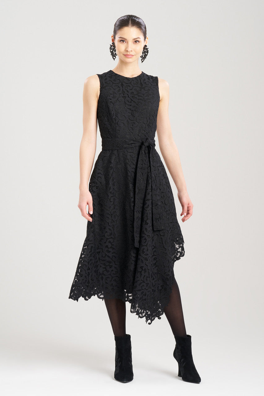 Buy Scroll Lace Asymmetric Belted Dress in Black Online | NATORI Buy Scroll Lace Asymmetric Belted Dress in Black Online | NATORI