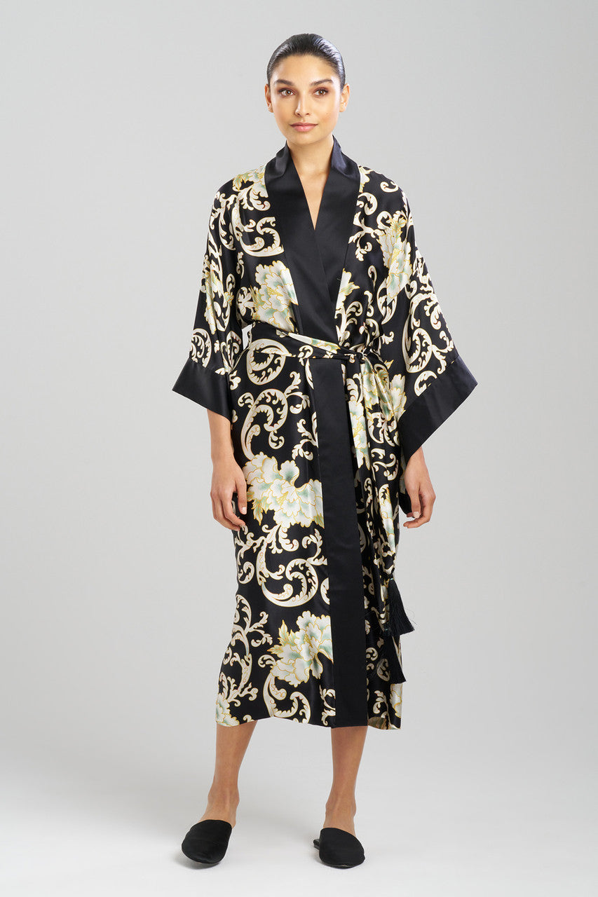 Buy Camille Floral Scroll Kimono Silk Robe in Black/Gold Online | NATORI Buy Camille Floral Scroll Kimono Silk Robe in Black/Gold Online | NATORI