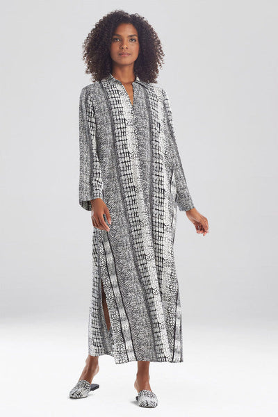 Natori Caftano Donna Niwashi Con Zip - Raso Lucido, Scollo A V E Spacchetti Laterali