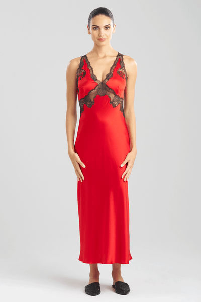 Natori - Lolita Lace Trim Silk Slip Dress - Scarlet/Ash Black - 100% Silk