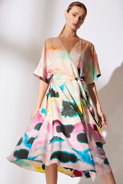 akiko silk dress Akiko Printed Cotton Silk Twill Kimono Wrap Dress