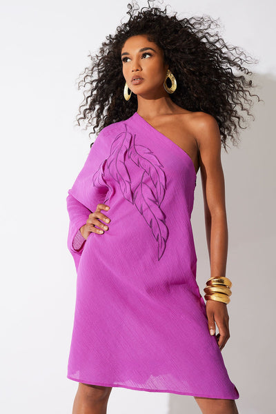 Natori Cotton Gauze Applique One Shoulder Dress - Pink / Purple Natori Cotton Gauze Applique One Shoulder Dress - Pink / Purple