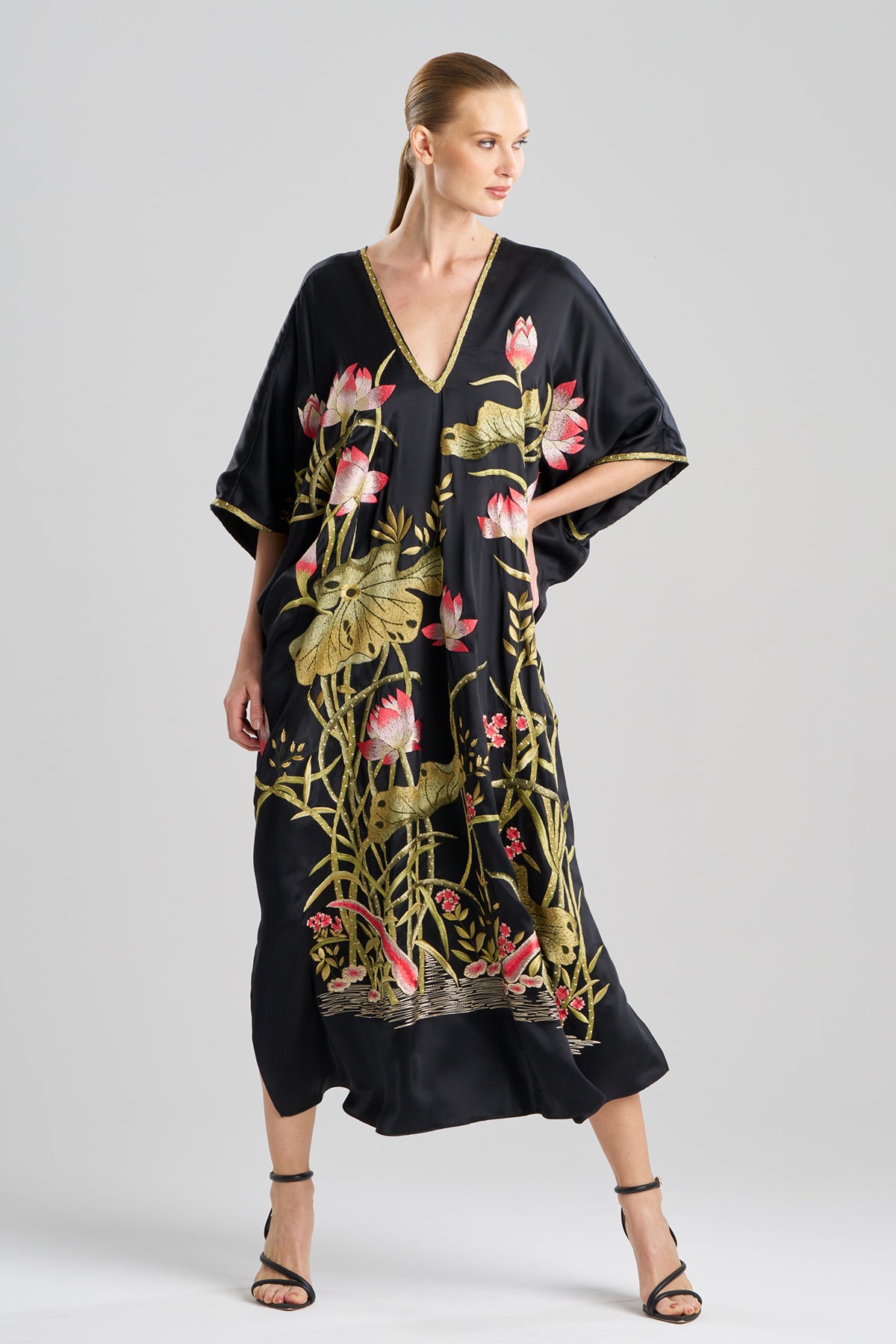 silk caftan dress Natori Couture Lotus Embroidered Cocoon Silk Caftan