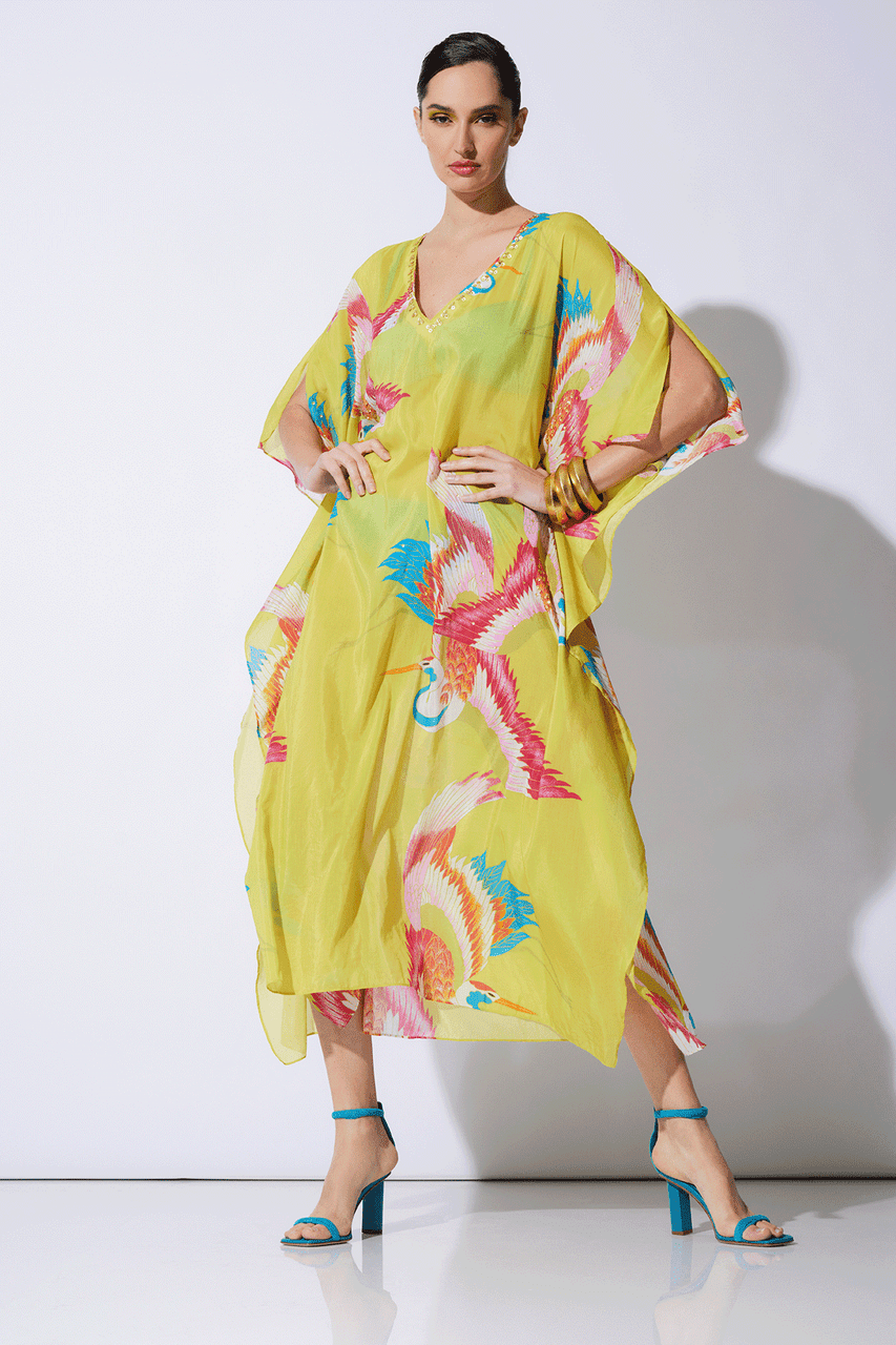 Buy Crane Cotton Silk Sequined Sheer Caftan in Chartreuse Multi Online | NATORI Buy Crane Cotton Silk Sequined Sheer Caftan in Chartreuse Multi Online | NATORI