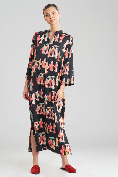 Buy Geisha-Printed Satin Caftan in Black Multi Online | NATORI