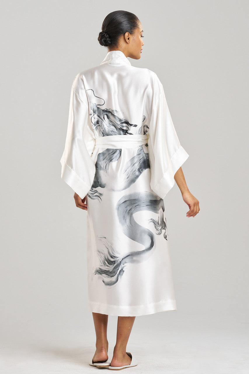 Buy Ink Dragon Silk Robe in White/Black Online | NATORI