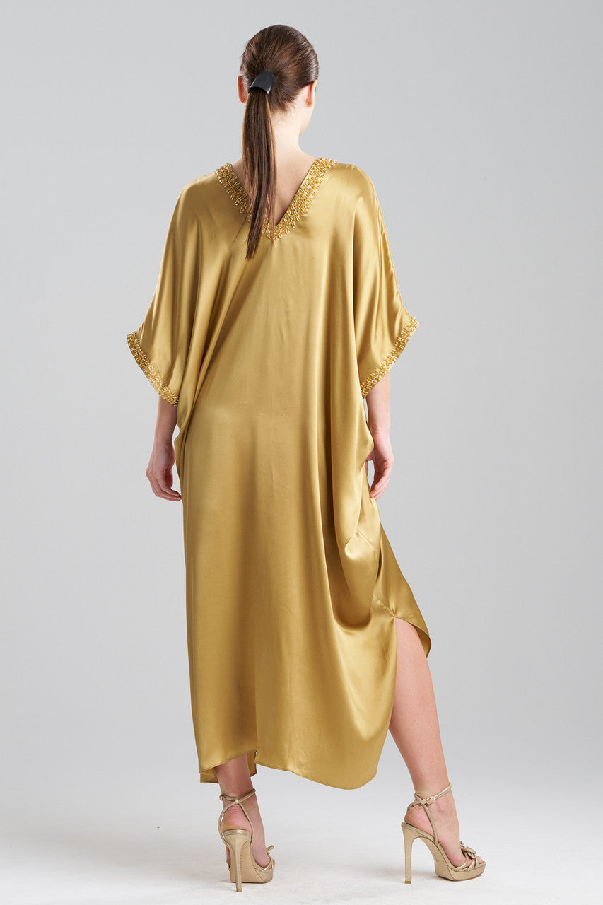 Natori - Key Essentials Embellished Cocoon Silk Caftan - Antique Gold - 100% Silk Natori - Key Essentials Embellished Cocoon Silk Caftan - Antique Gold - 100% Silk