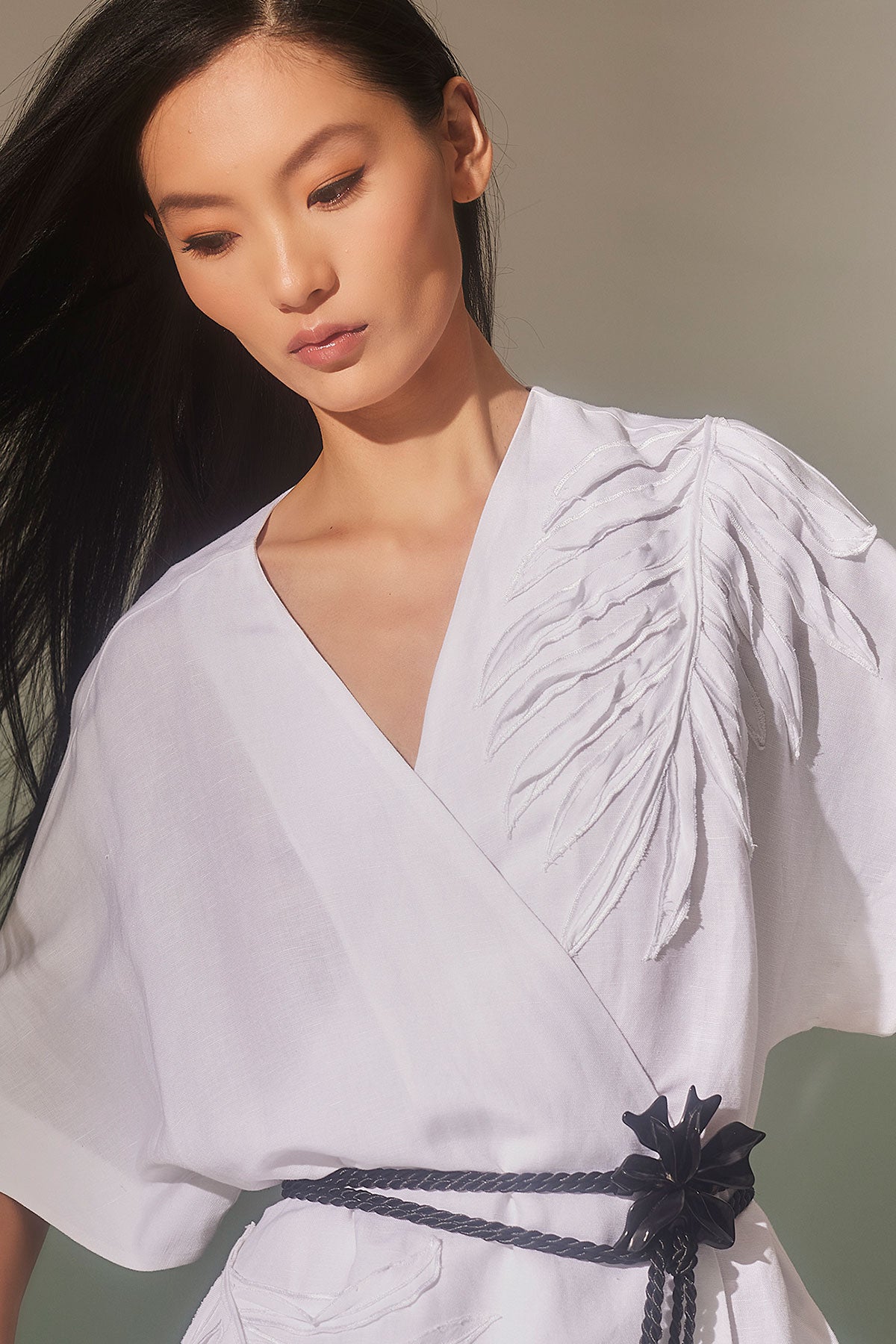 Natori Linen Blend Embroidered Kimono Wrap Dress - White Natori Linen Blend Embroidered Kimono Wrap Dress - White