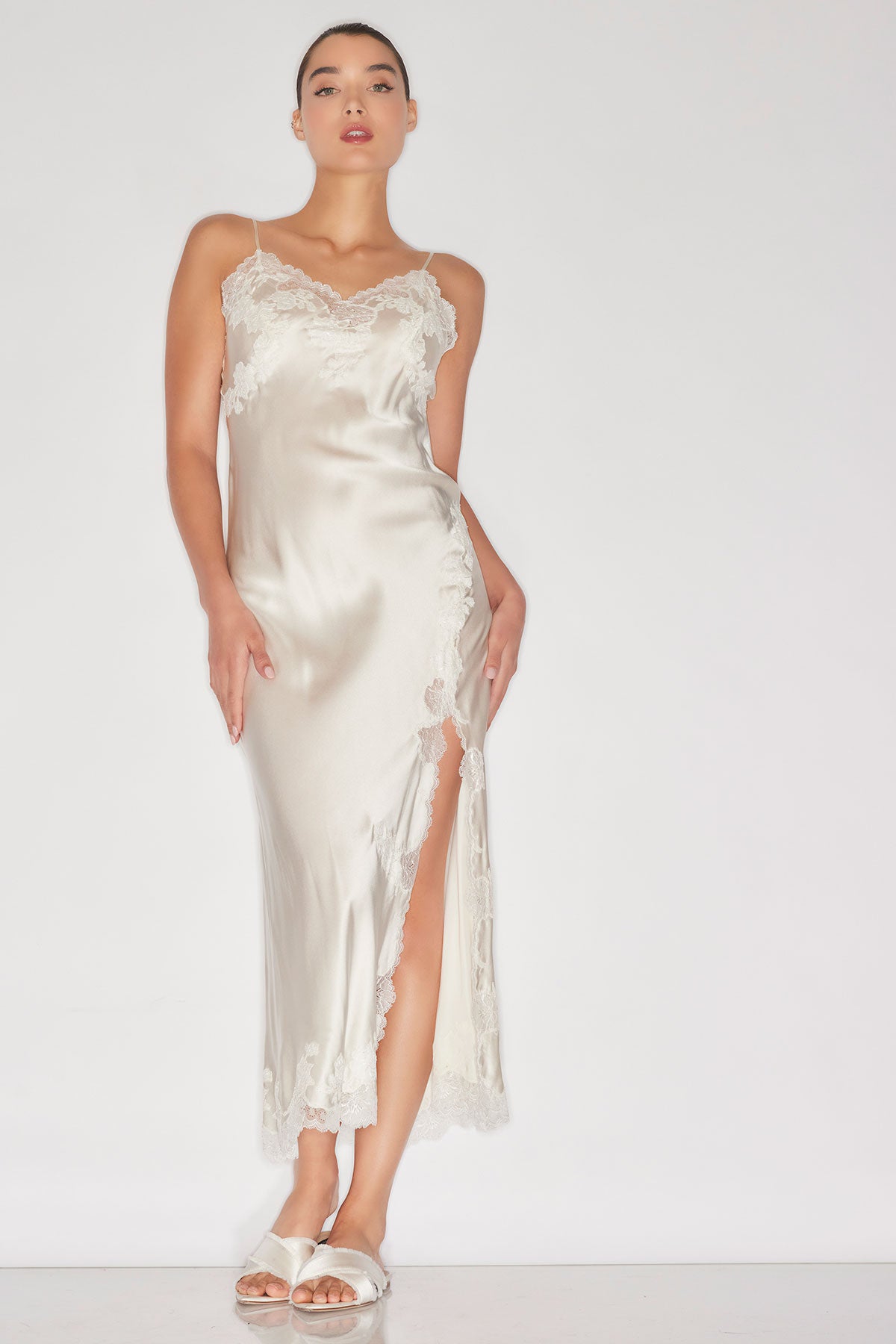 Buy Lolita Lace Slit Gown in Warm White Online | NATORI Buy Lolita Lace Slit Gown in Warm White Online | NATORI