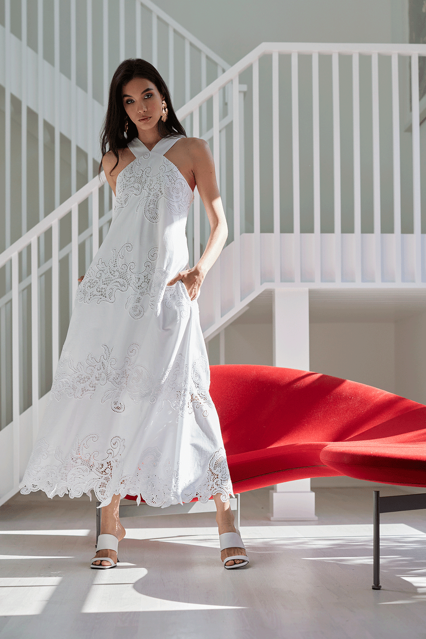 Buy Madeira Cutwork Embroidered Halter Dress in White Online