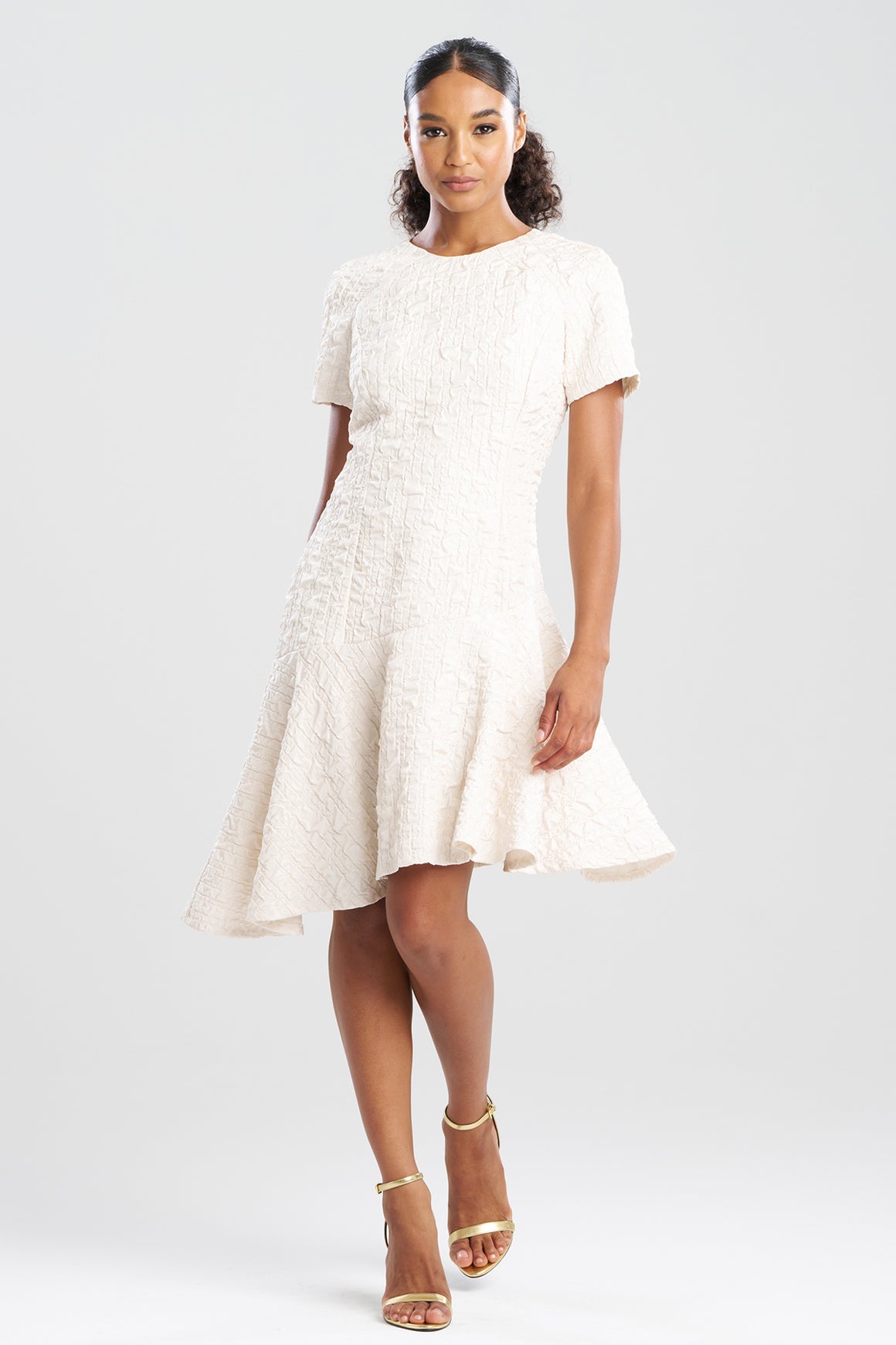 Pebbled Jacquard Short Sleeve Flounce Dress