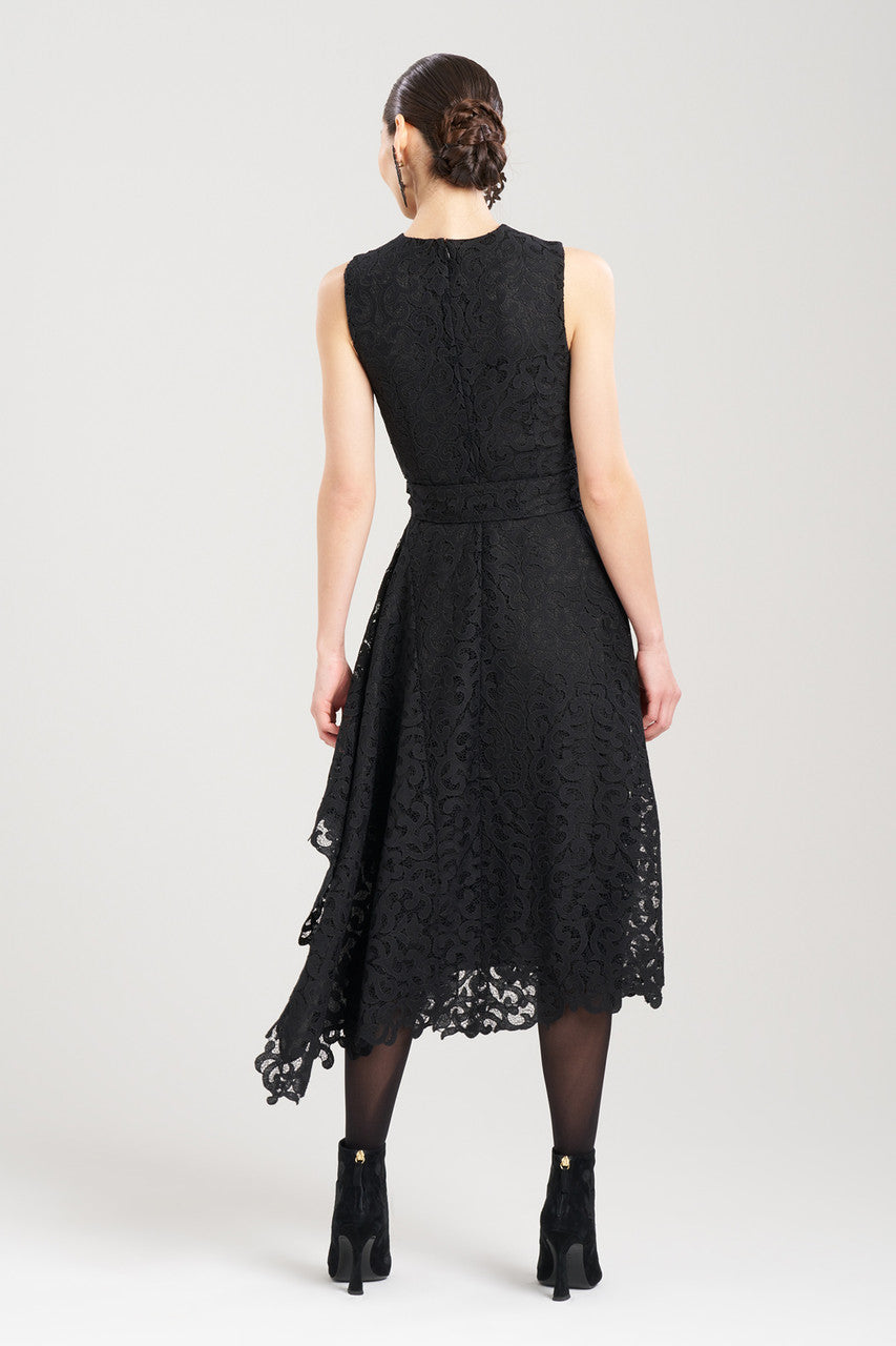 Buy Scroll Lace Asymmetric Belted Dress in Black Online | NATORI Buy Scroll Lace Asymmetric Belted Dress in Black Online | NATORI