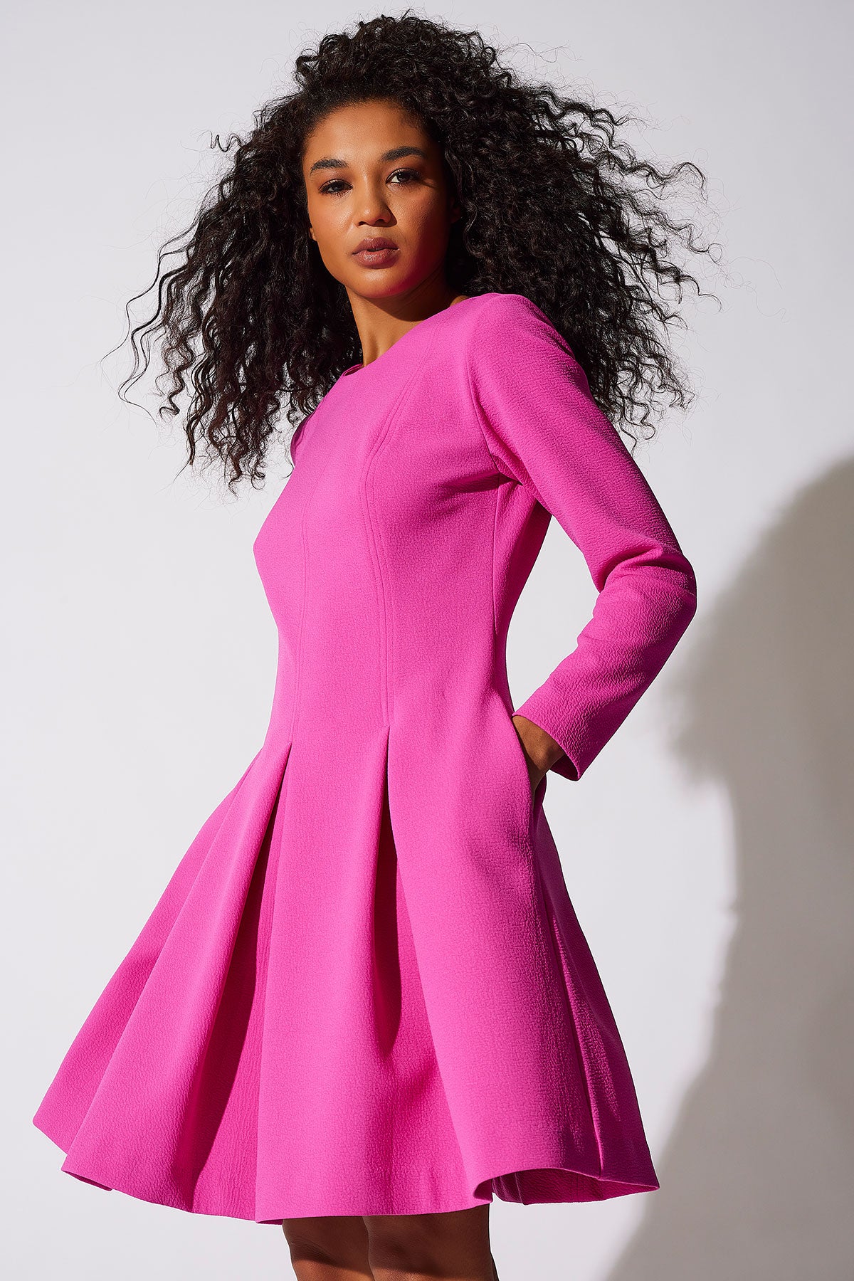 crepe pleated dress Lilac Coast Crepe Bodice Long Sleeve Pleated Midi Dress