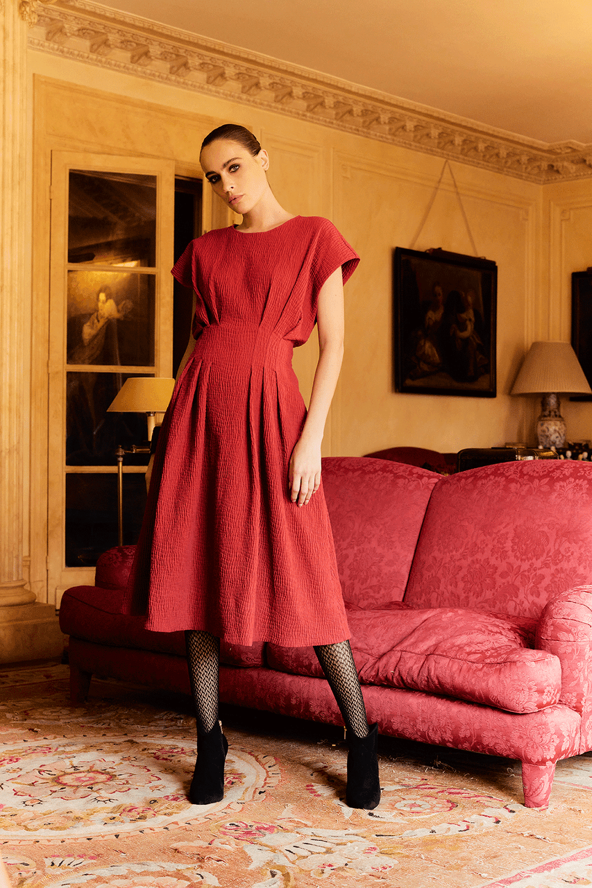 Buy Textured Cotton Jacquard Pleated Dress in Paprika Online | NATORI Buy Textured Cotton Jacquard Pleated Dress in Paprika Online | NATORI