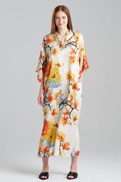 Buy Winter Peony Satin Mandarin Caftan in Cream Online | NATORI Buy Winter Peony Satin Mandarin Caftan in Cream Online | NATORI
