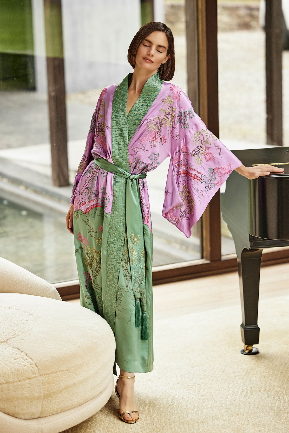 Dropp Robe Couture Nara Embellished Drop Sleeve Silk Robe