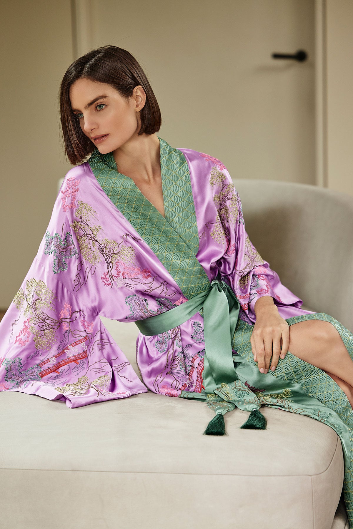 Dropp Robe Couture Nara Embellished Drop Sleeve Silk Robe