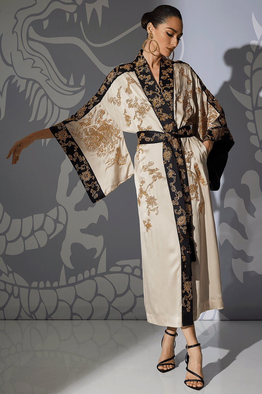 Dropp Robe Buy Couture Dragon Embroidered Drop Sleeve Silk Robe in Parchment ...