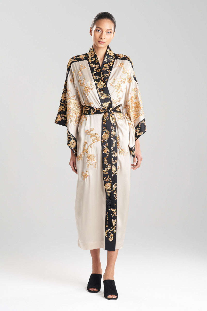 Buy Couture Dragon Embroidered Drop Sleeve Silk Robe in Parchment ...