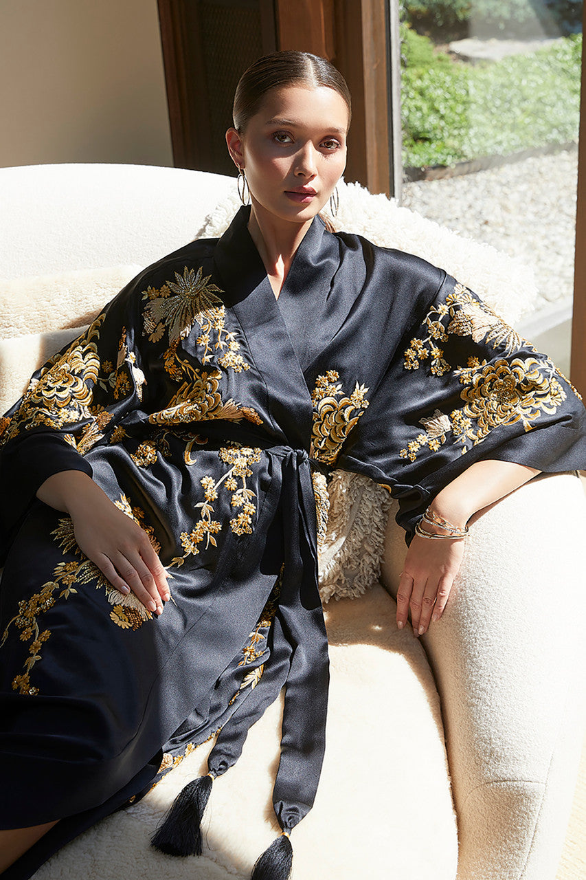 Machine Embroidered Robe Buy Couture Floral Embroidery Silk Robe in Black Online | NATORI
