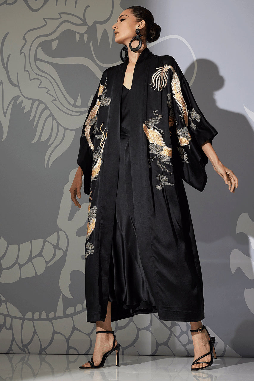 Batik Robe Dragon Buy Couture Lucky Dragon Embroidered Silk Robe in Black Online | NATORI