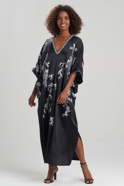 black silk kaftan dress Black Kaftan Maxi Dress: Flowy Lounge Dress, One Size (S-XL)