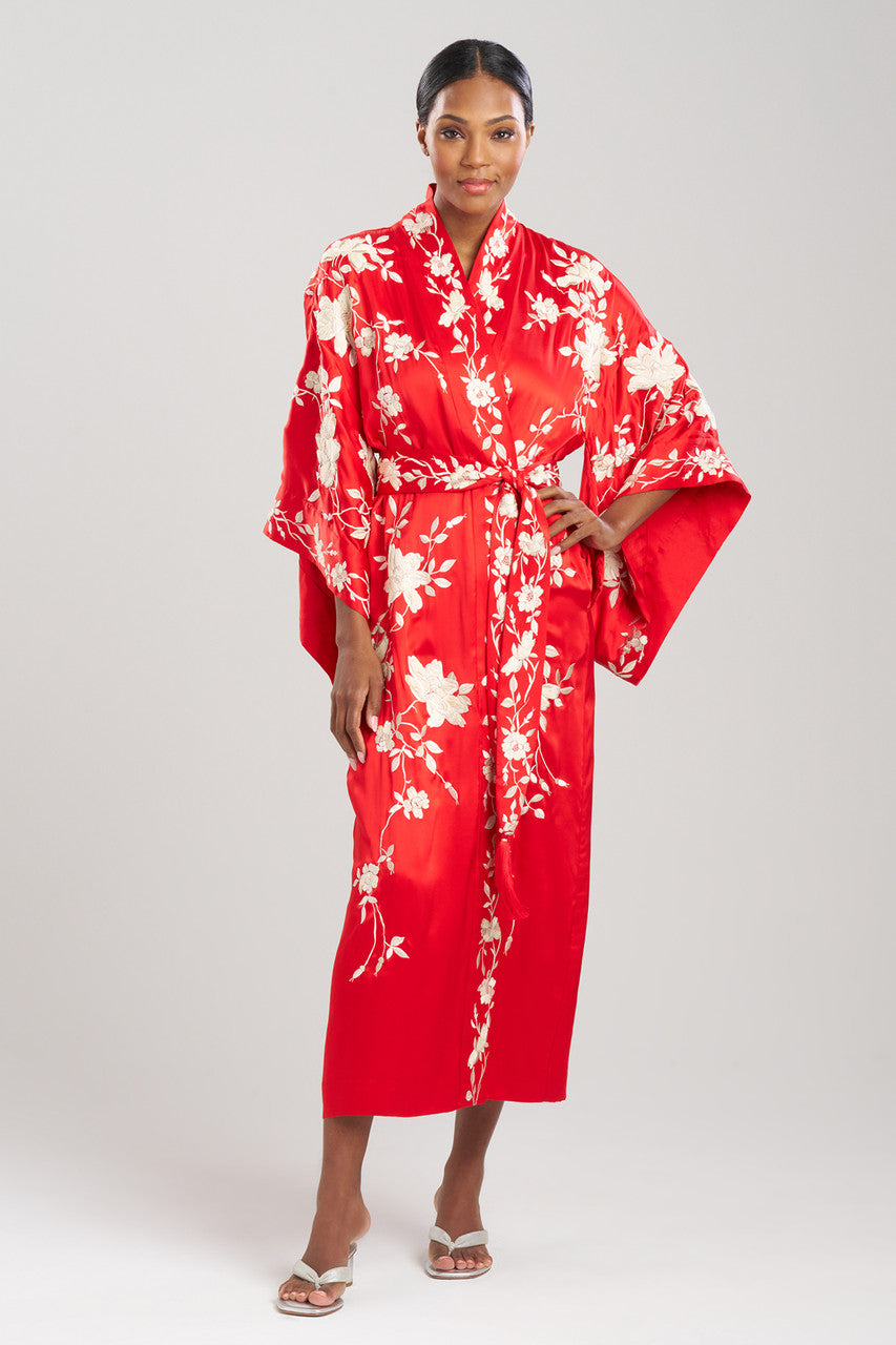 Buy Key Essentials Embroidered Kimono Tassel Silk Robe in Scarlet ...