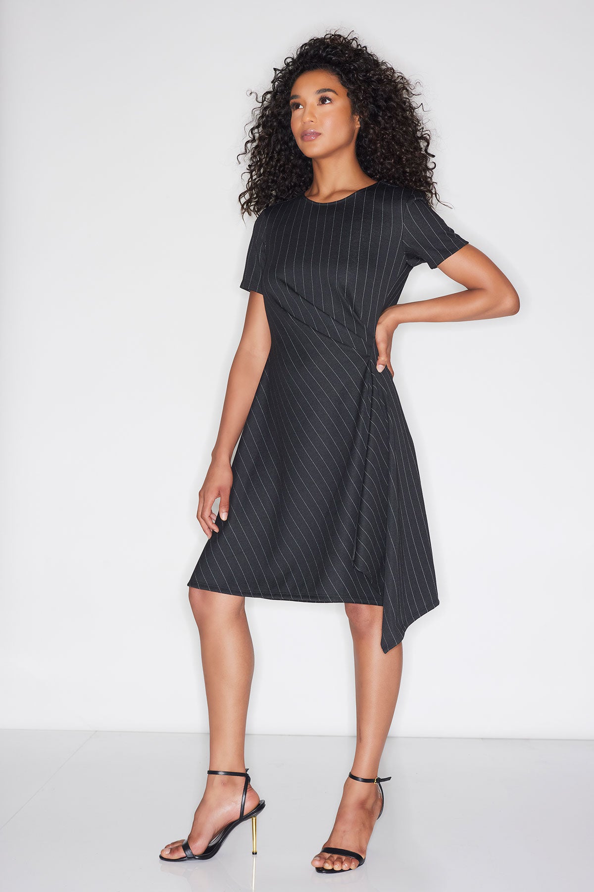 Pinstripe Knit Side Drape Dress