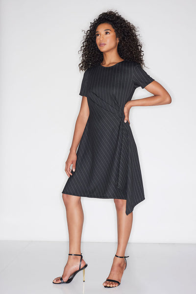 Pinstripe Knit Side Drape Dress