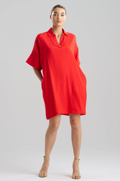 Natori - Solid Fluid Twill Short Sleeve Caftan Dress - Women's - Red
